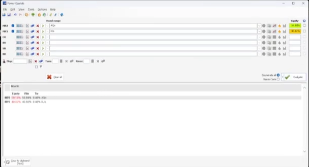 AQo 대 KJs의 원시 에퀴티는 약 59%다. 포스트플랍 EV를 직접 계산한 화면은 아니다.