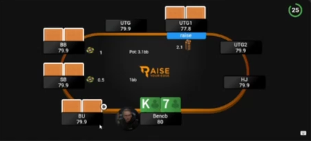 80BB CO 대 UTG1의 K7s 실습. 3벳은 오프너를 상대하는 액션인 동시에 BTN·BB의 값싼 오버콜을 막는 선택이다. 이 한 결과를 K7s의 모든 자리 순수 3벳 규칙으로 바꾸지 않는다.