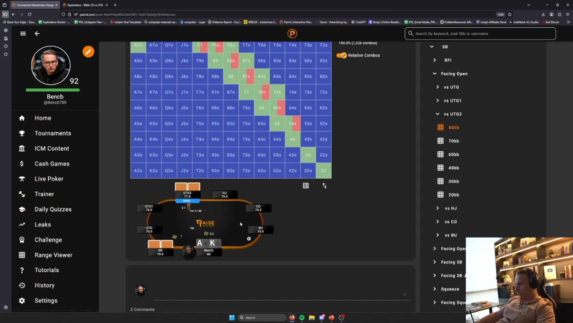 실제 선택 화면은 80BB SB 대 UTG2다. 강한 오프너와 뒤 BB의 스퀴즈를 함께 본다.