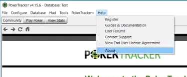 PokerTracker의 Help 메뉴에서 About 항목을 가리킨 화면.