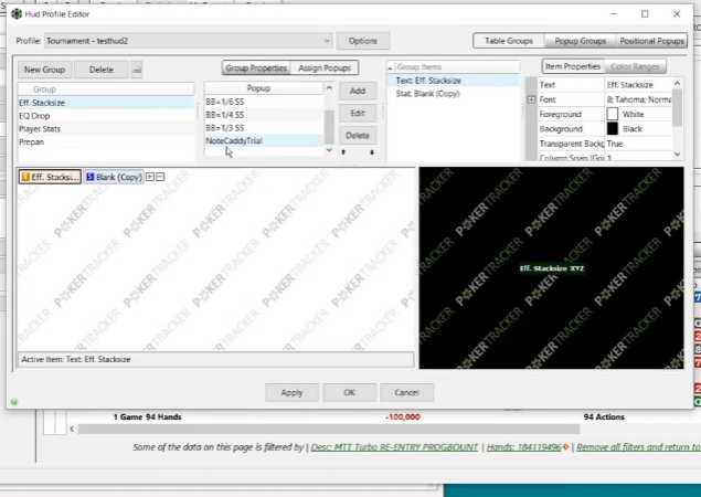 Eff. Stacksize의 Assigned Popups에 NoteCaddy Trial이 남아 있는 화면.