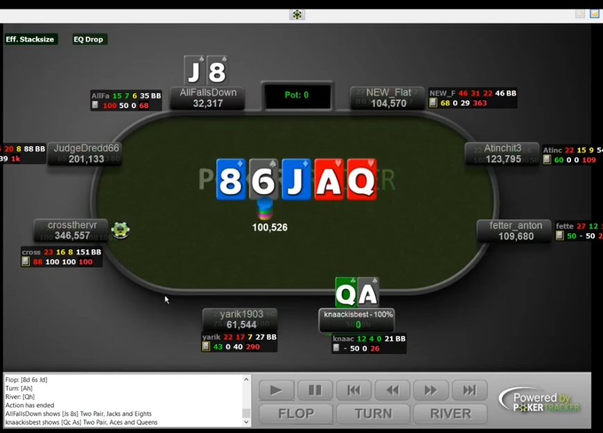 첫 예시의 쇼다운: J8과 AQ, 8–6–J–A–Q 보드.