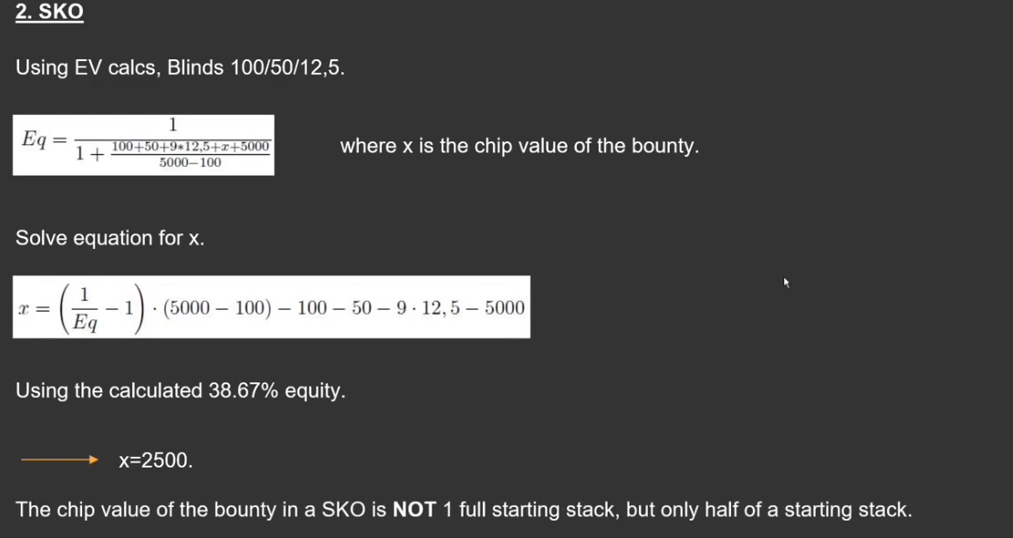38.67%를 대입한 결과 x=2,500. 슬라이드는 SKO 바운티의 칩 가치를 시작 스택의 절반으로 결론 낸다.