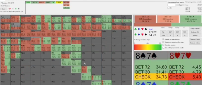 턴 IP의 BET 72 전략과 선택된 87s 상세를 보며 배럴 후보를 설명.