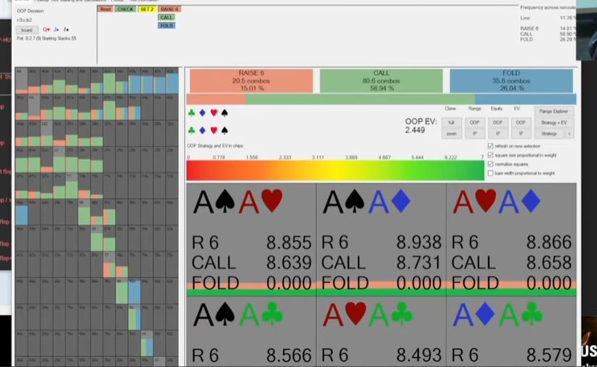 Q-J-7 플롭의 체크·2 벳 이후 OOP 레인지