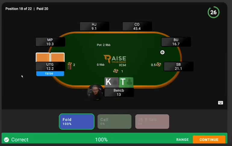트레이너의 13bb BB KTo: UTG 오픈에 폴드한 뒤 정답 100% 표시