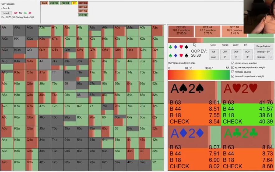Q-9-3 플랍 체크-체크 뒤 4♥ 턴의 OOP 리드 레인지.