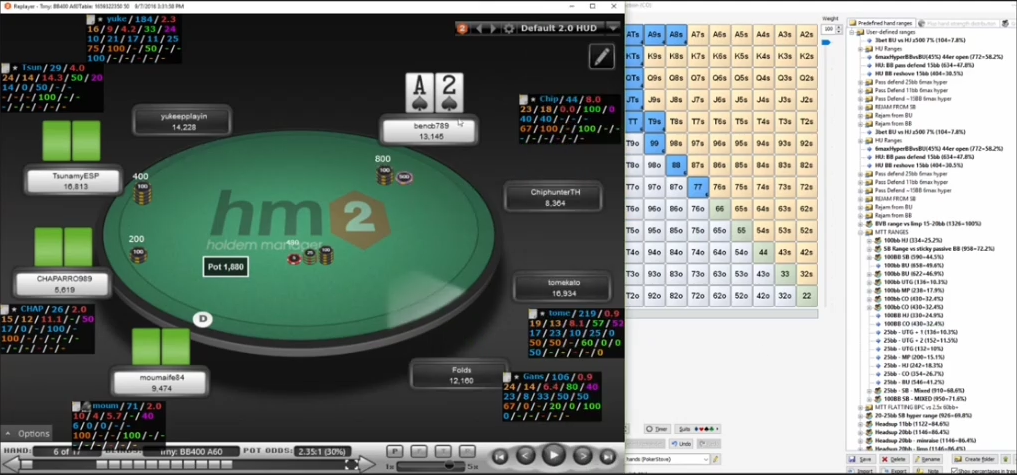 UTG+2 A♠2♠와 서로 다른 뒤 스택. 각 상대와 실제 맞붙는 깊이를 따로 본다.