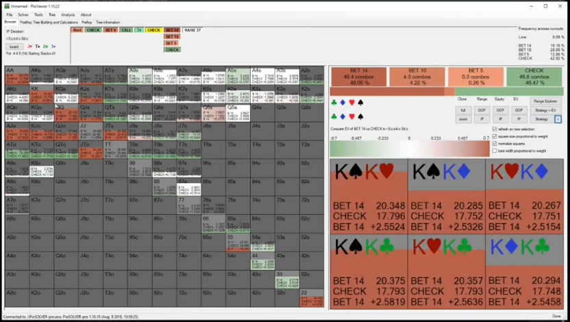 KK의 BET 14와 CHECK EV 차이를 표시한 PIO 비교 화면.