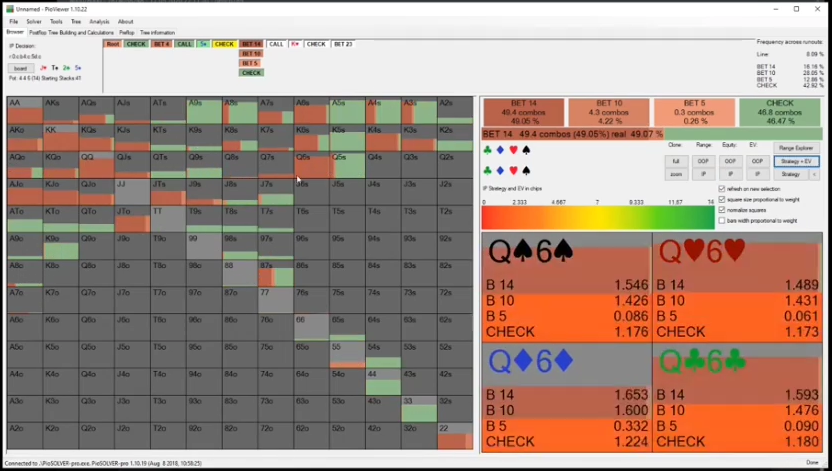 턴 Q6s의 수트별 전략과 EV. 약한 Q하이 블러프 패턴을 설명하는 선택 화면.
