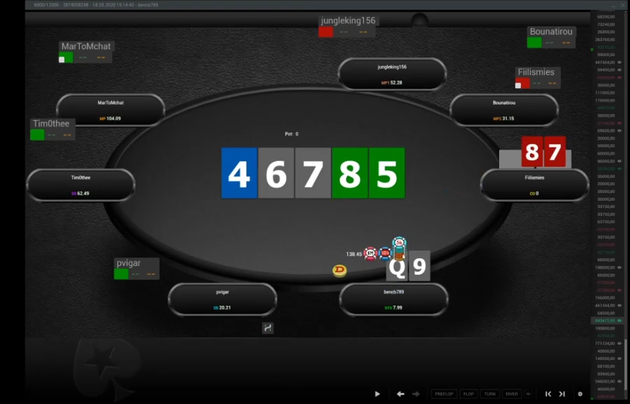 Q9s의 리버 콜 뒤 상대 87이 공개된 쇼다운. 상대 블러프 선택을 검토한다.