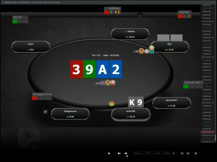 K9s의 3-9-A-2 턴과 상대 베팅을 검토하는 실제 화면.