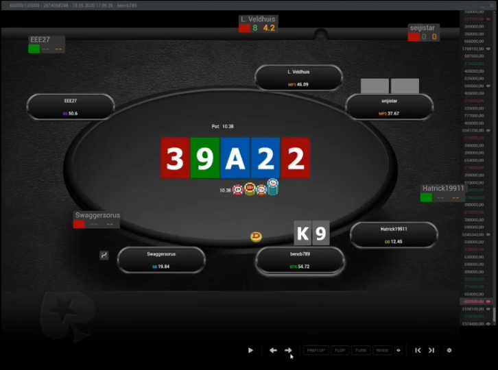 K9s의 실제 3-9-A-2-2 리버와 10.38bb 팟. 아직 종료 결과를 표시하는 화면은 아니다.