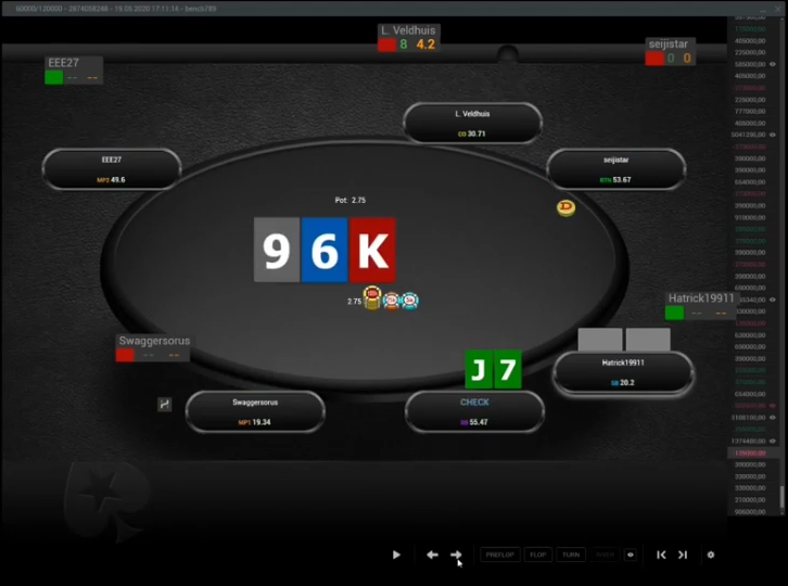 실제 J♣7♣의 9-6-K 플랍. 다이아·스페이드 J7의 베팅은 발화 대안이다.