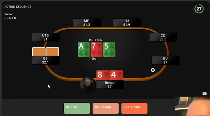 84s가 선택된 A♣-7♥-5♣ 플랍 ICM 연습 화면