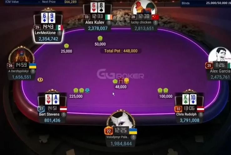 실제 A5o 225,000 3벳과 KTo 오픈의 조건. 350,000 재레이즈는 이후 발화 대안이다.