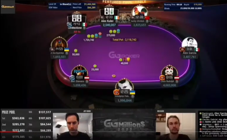 실전 T9s의 All-in 1,720,742와 상대의 기존 275,000 표시