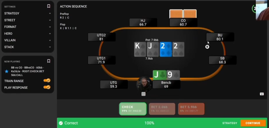 다음 연습의 2♠ 턴과 J♣9♠. 앞선 T9s 핸드와 보드가 달라졌다.