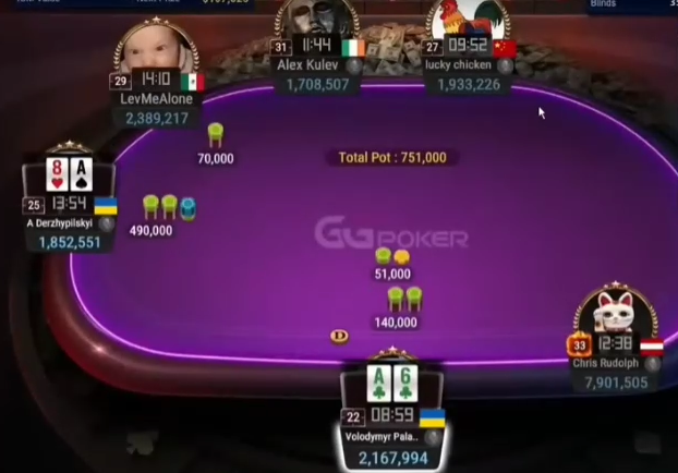 실제 BU A6s의 140,000 오픈에 SB A8o가 490,000으로 3벳한 테이블.