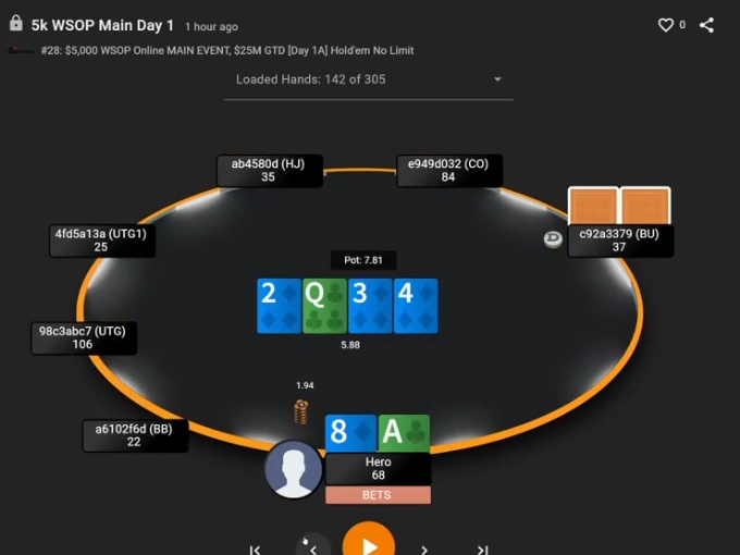 A8o로 2♦–Q♣–3♦–4♦ 턴에서 리드한 실제 화면