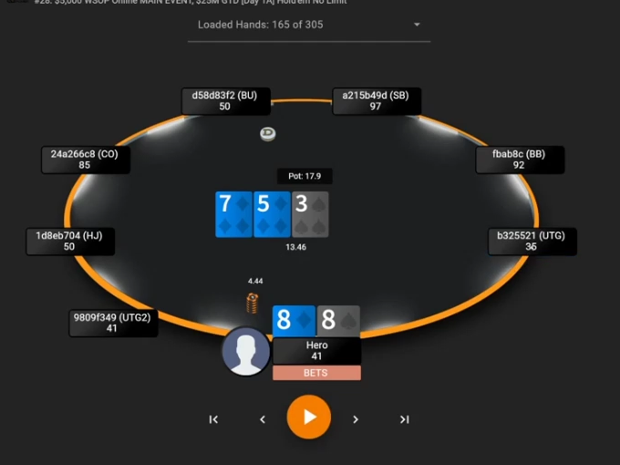 88로 7♦–5♦–3♠ 플랍에서 벳한 화면