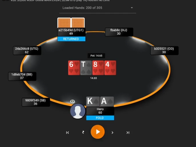 A♠K♠로 하트 세 장이 된 4♥ 턴에서 폴드한 실제 화면