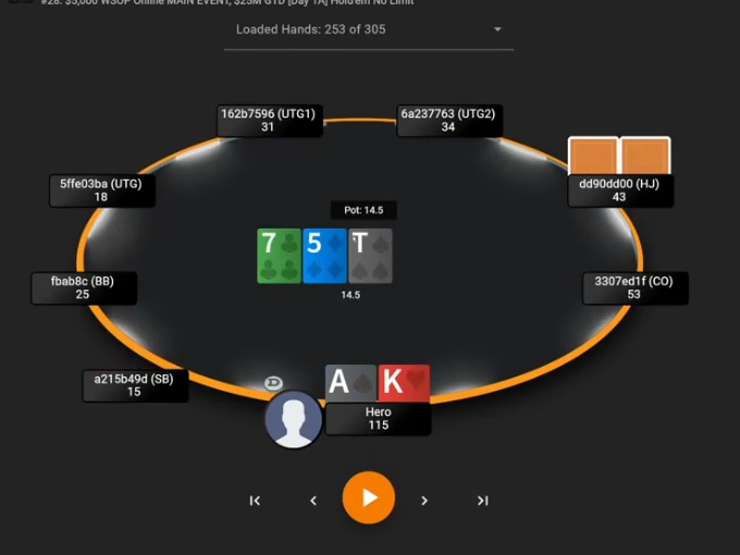 AKo의 7♣–5♦–T♠ 플랍에서 체크백 대안을 검토하는 화면