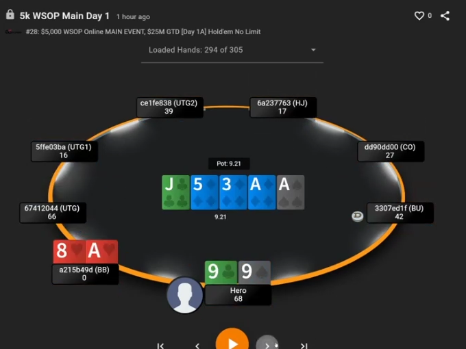 99와 A8s가 공개된 J♣–5♦–3♦–A♦–A♠ 최종 보드
