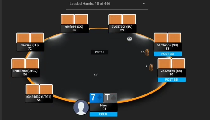 T7o 리플레이의 Hero FOLD 표시