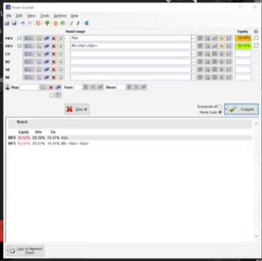 Equilab에 입력한 AQo 대 범위의 에퀴티 결과