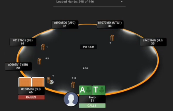 ATs 플랫 뒤 BU의 7bb 스퀴즈. Hero의 CALLS 라벨은 앞선 플랫 액션이다.