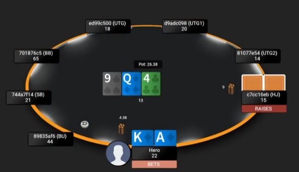 AKs의 9♠-Q♦-4♣ 플랍에서 상대 레이즈를 받은 화면.