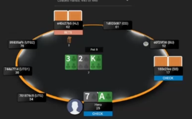 A7o의 3♣-2♠-K♣ 플랍에서 상대 C-벳을 받은 실제 화면.