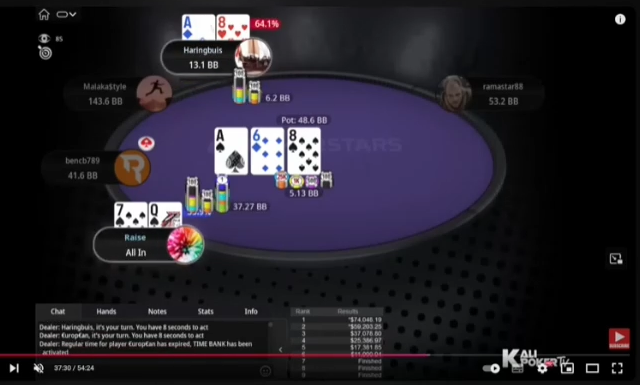 Q7s 대 A8o 실전: A-6-8 플랍의 Q7s 올인