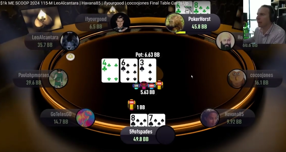 87s 대 K8s의 4–6–3 플랍. 87s 쪽에 1bb 베팅이 표시된다.