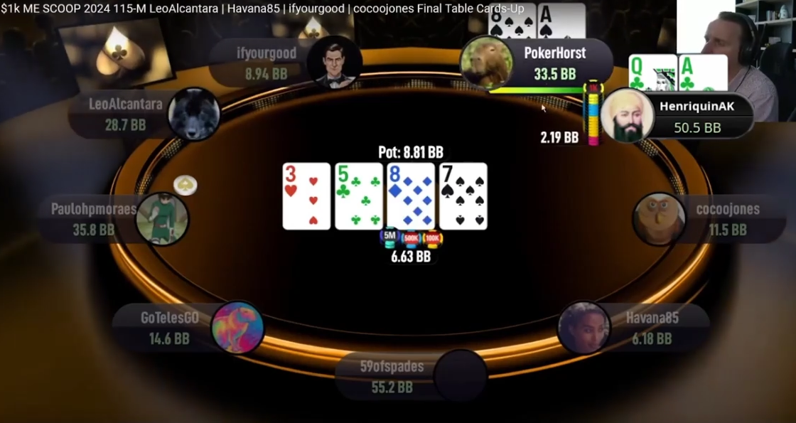 A8s 대 AQs의 3–5–8–7 턴. AQs 쪽에 2.19bb 베팅이 표시된다.
