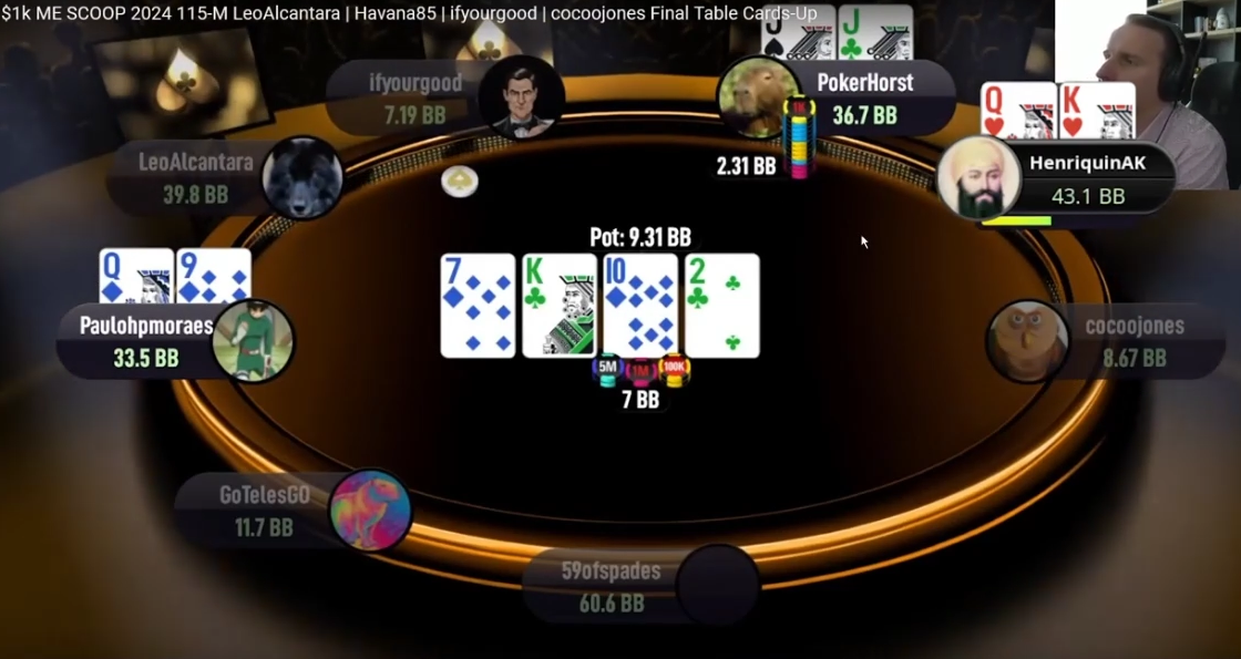 7–K–T–2 턴에서 JJ의 2.31bb 베팅과 HenriquinAK의 KQs가 보인다.