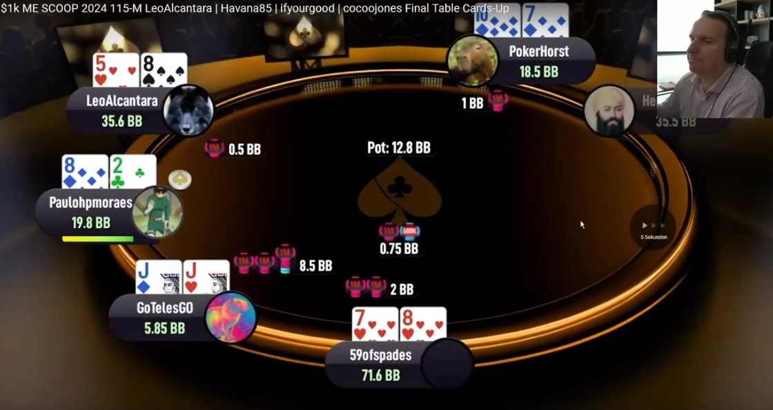 GoTelesGO의 JJ 8.5bb 레이즈와 5.85bb 잔여 스택. 4.5bb 3벳은 권장 대안.