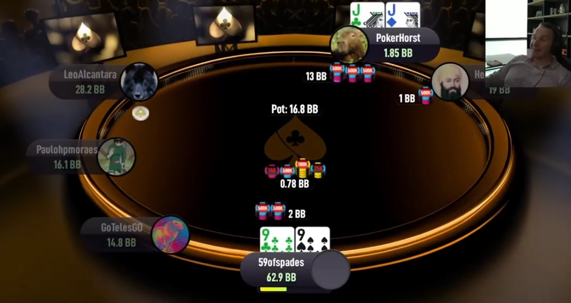 59ofspades의 99 오픈에 PokerHorst가 JJ로 13bb 레이즈하고 1.85bb를 남긴다.