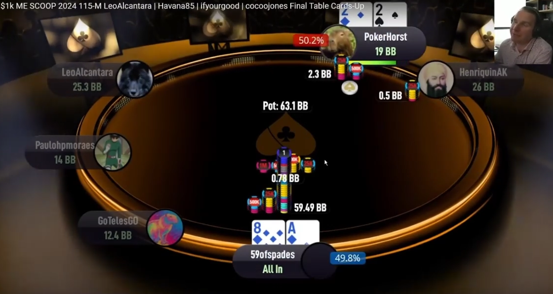 PokerHorst의 2.3bb 오픈에 59ofspades가 A8s로 올인한 프리플랍.