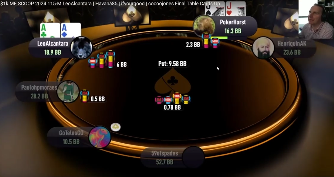 PokerHorst의 JJ 오픈에 LeoAlcantara가 AA로 6bb 3벳한 프리플랍.