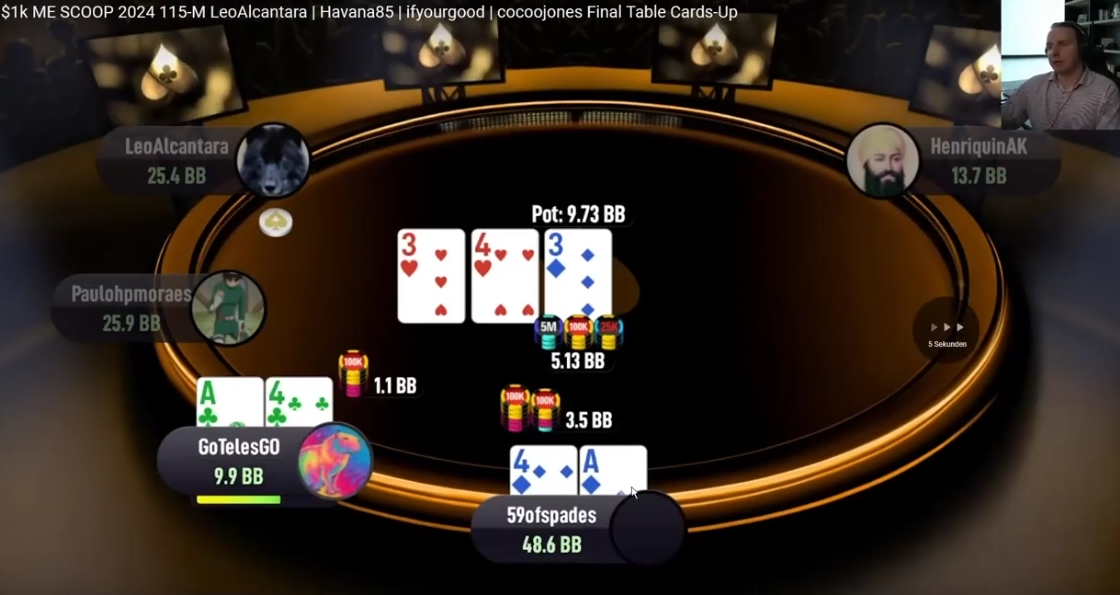3–4–3 플랍에서 1.1bb 베팅에 3.5bb 레이즈가 나온 화면.