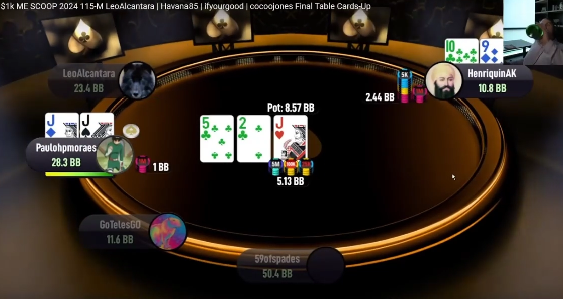 5–2–J 플랍에서 HenriquinAK의 T9o가 JJ의 1bb 베팅에 2.44bb로 레이즈한다.