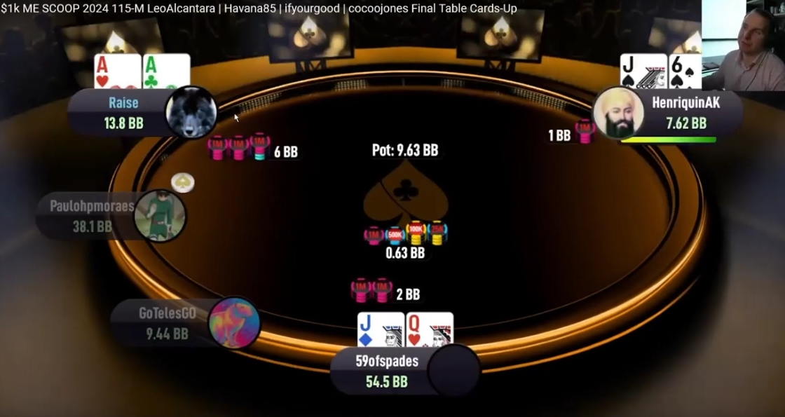 59ofspades의 QJo 2bb 오픈에 LeoAlcantara가 AA로 6bb 3벳한다.