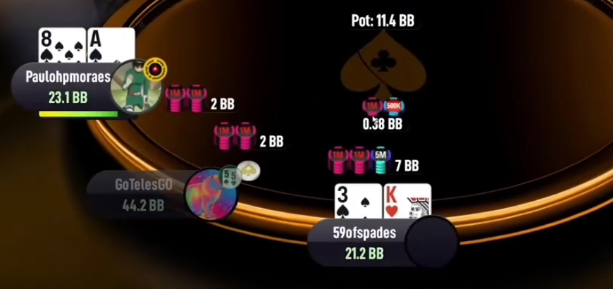 A8s 오픈과 콜 뒤 59ofspades가 K3o로 7bb 스퀴즈한 프리플랍.