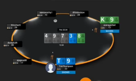 T♦9♦와 K♣9♣가 공개된 4♠–9♠–7♠–3♦–8♣ 쇼다운
