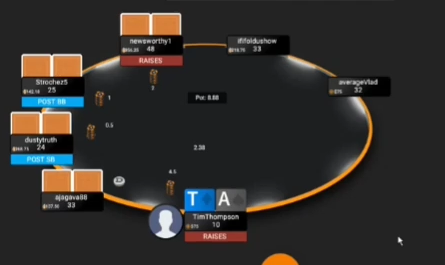 A♠T♦로 프리플랍 오픈에 작은 3벳을 한 실제 화면