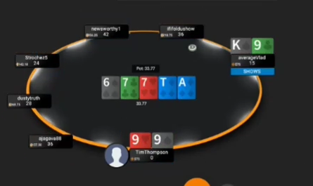 99와 K9o가 공개된 6♠–7♣–7♥–T♦–A♦ 최종 보드