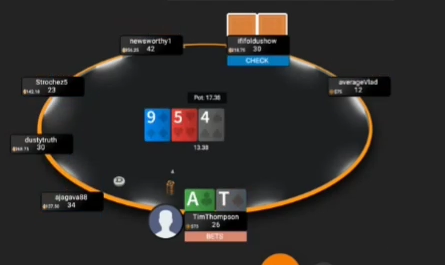 A♣T♠로 9♦–5♥–4♠ 플랍에서 벳한 실제 화면