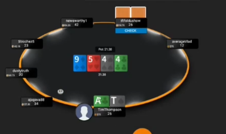 A♣T♠ 핸드의 4♣ 턴에서 상대 체크를 보고 세컨드 배럴을 검토